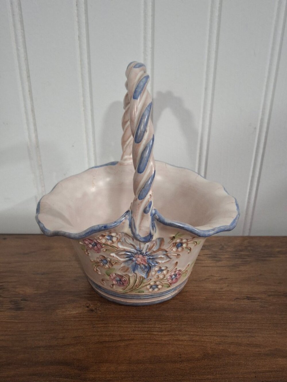 Rare Ainring Keramik Handerbeit Austrian Pottery Basket Blue Floral Cottagecore